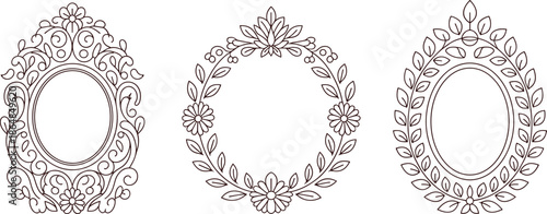 Vintage ornate oval frames set, classic floral carved borders, elegant decorative mirror frames illustration for luxury branding, invitations, wall decor