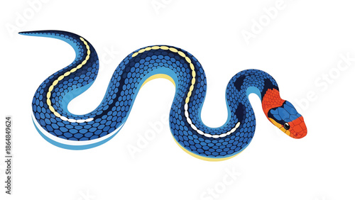 A vibrant snake illustration. The serpentine creature features a blue body with a segmented pattern, yellow stripes, a red head, and white accents