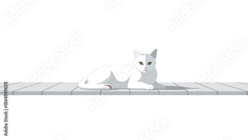 A white cat with green eyes and grey facial details rests on a grey tiled surface, casting a shadow, against a clean white backdrop
