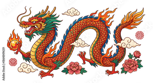 Vibrant Chinese Dragon Illustration with Fiery Accents and Floral Embellishments, Symbolizing Power and Good Fortune
