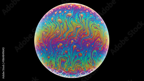 A vibrant spherical soap bubble with intricate, colorful patterns against a dark backdrop, showcasing iridescence, textures, and fluid shapes