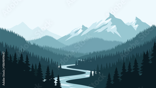 Panoramic vector landscape wallpaper featuring layered mountains, winding river, pine forests, and open sky in modern flat style, ideal for nature backgrounds, travel wallpapers, and screens