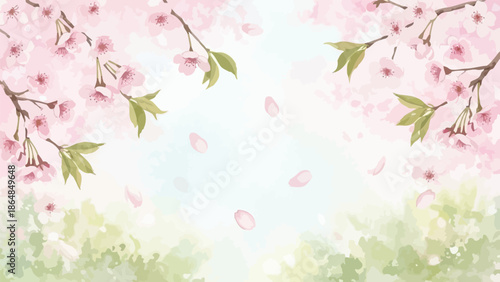 Beautiful pink cherry blossoms with green leaves on branches and falling petals on soft gradient background for spring with pink