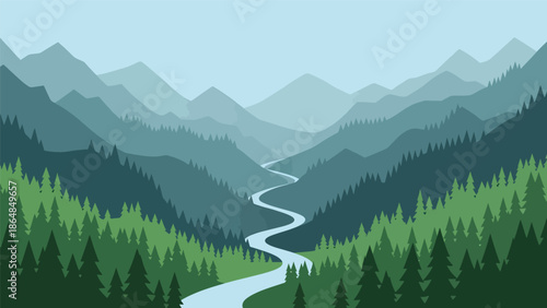 Panoramic vector landscape wallpaper featuring layered mountains, winding river, pine forests, and open sky in modern flat style, ideal for nature backgrounds, travel wallpapers, and screens