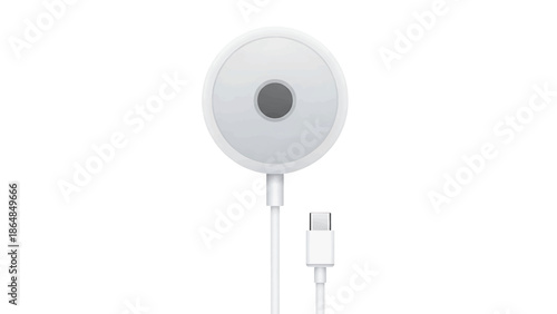 A white circular electronic device with a gray center, connected to a cable and a USB-C connector. The image is rendered against a white background