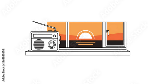 A vintage radio sits on a shelf next to a window that frames a stylized sunset view. The design is a simple graphic, evoking a sense of nostalgia