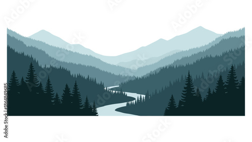 Panoramic vector landscape wallpaper featuring layered mountains, winding river, pine forests, and open sky in modern flat style, ideal for nature backgrounds, travel wallpapers, and screens