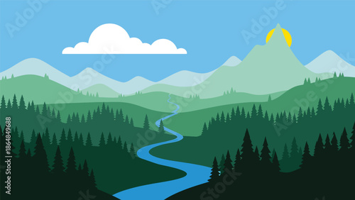 Panoramic vector landscape wallpaper featuring layered mountains, winding river, pine forests, and open sky in modern flat style, ideal for nature backgrounds, travel wallpapers, and screens