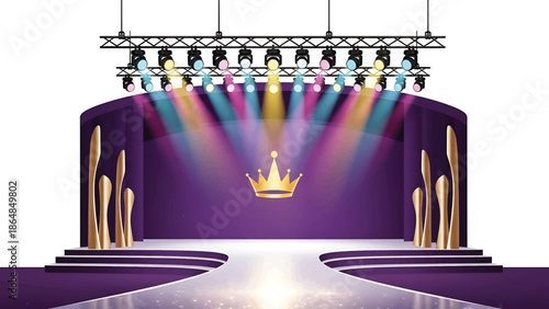 A vibrant stage featuring spotlights shining upon a purple backdrop, gold crown, and decorative elements. Includes a runway