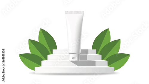 A white cosmetic tube sits on a minimalist white stage, with green stylized leaves in the background. It is a clean design