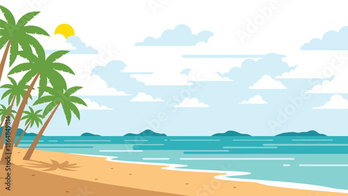 Tropical beach vector landscape wallpaper with palm trees, calm ocean, sandy shore, and distant islands, clean flat illustration ideal for travel wallpapers, summer backgrounds, and digital screens