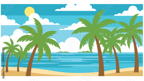 Tropical beach vector landscape wallpaper with palm trees, calm ocean, sandy shore, and distant islands, clean flat illustration ideal for travel wallpapers, summer backgrounds, and digital screens