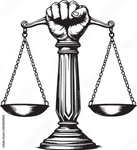 Hand Gripped Scales of Justice – Legal Balance IllustrationPrint