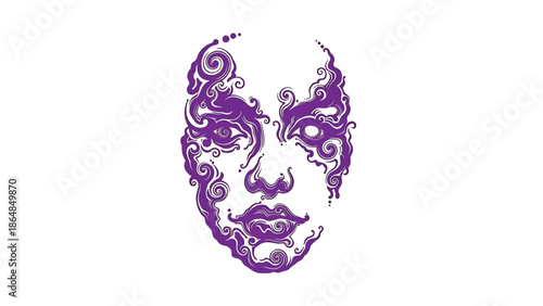 A violet face composed of swirling patterns on white. The eyes, nose and lips are distinct, forming an artistic representation of a human face