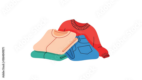 A vibrant illustration showcasing a pile of folded clothing in various colors like red, peach, blue, and green, suggesting tidiness