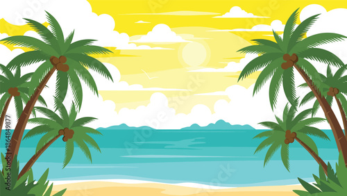 Tropical beach vector landscape wallpaper with palm trees, calm ocean, sandy shore, and distant islands, clean flat illustration ideal for travel wallpapers, summer backgrounds, and digital screens