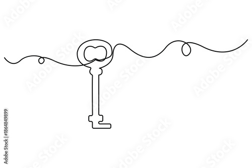 Continuous one line drawing of key for security and access concept
