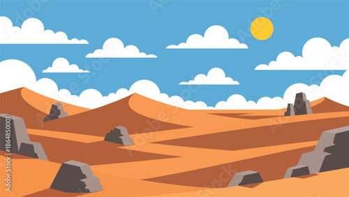 Minimal desert vector landscape wallpaper showing rolling sand dunes, open sky, and warm earth tones, flat illustration ideal for modern wallpapers, backgrounds, and minimalist travel designs