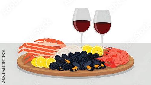 A vibrant illustration showcasing a seafood platter. The arrangement includes mussels, shrimp, crab, lemon slices, and two wine glasses