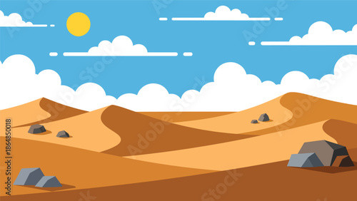 Minimal desert vector landscape wallpaper showing rolling sand dunes, open sky, and warm earth tones, flat illustration ideal for modern wallpapers, backgrounds, and minimalist travel designs