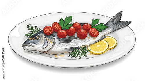 A whole cooked fish, garnished with cherry tomatoes, parsley, dill, and lemon slices, served on a white plate