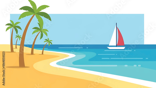 A vibrant, stylized illustration depicts a sunny beach scene. Palm trees line the shore as a sailboat glides across the water