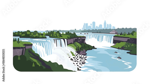 A vibrant, stylized illustration depicts a natural wonder with cascading water. Waterfalls, cliffs, greenery, and a distant cityscape are featured. Small boats appear