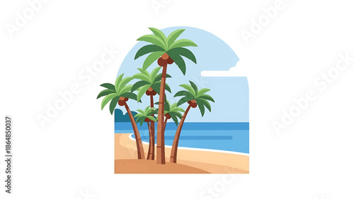 A vibrant, stylized illustration depicts a tropical beach scene, featuring lush green palm trees, a sandy shore, and the blue ocean