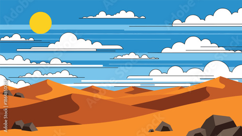 Minimal desert vector landscape wallpaper showing rolling sand dunes, open sky, and warm earth tones, flat illustration ideal for modern wallpapers, backgrounds, and minimalist travel designs