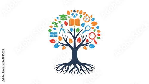 A vibrant illustration showcasing a tree with roots and branches adorned with educational icons like books, a compass, and a mortarboard