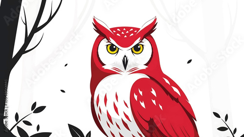 A vibrant, stylized illustration features a red and white owl with intense yellow eyes. Surrounding it are simplified trees and foliage against a white backdrop