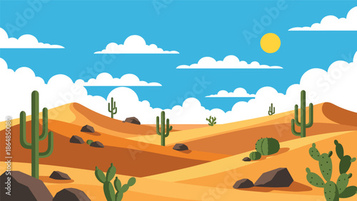 Minimal desert vector landscape wallpaper showing rolling sand dunes, open sky, and warm earth tones, flat illustration ideal for modern wallpapers, backgrounds, and minimalist travel designs