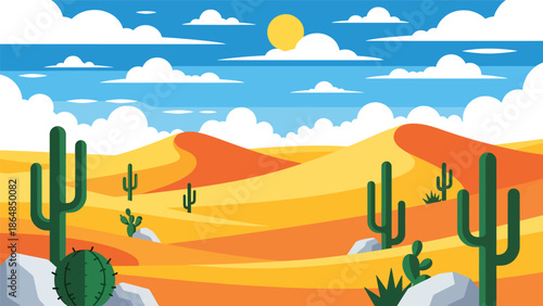 Minimal desert vector landscape wallpaper showing rolling sand dunes, open sky, and warm earth tones, flat illustration ideal for modern wallpapers, backgrounds, and minimalist travel designs