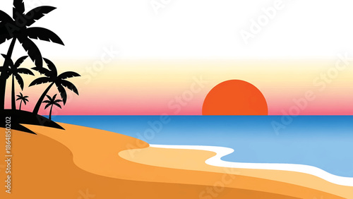 A vibrant minimalist depiction of a beach scene. Silhouetted palm trees frame a sandy shore as the sunset paints the sky