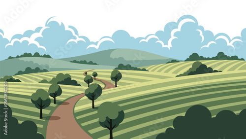 Peaceful countryside vector landscape wallpaper with green fields, winding road, hills, trees, and sky, modern flat style ideal for rural wallpapers and calm nature backgrounds