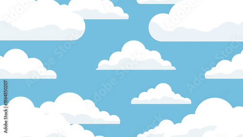 A vibrant illustration showcasing cartoon-style cumulus clouds scattered against a textured, light blue sky. Clouds are fluffy, simple shapes