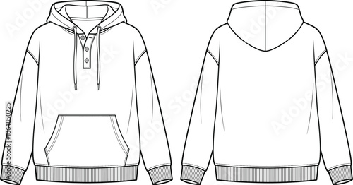 Front and back hoodie technical fashion sketch, men pullover sweatshirt vector illustration, casual apparel design template, hooded jacket line art, clothing mockup