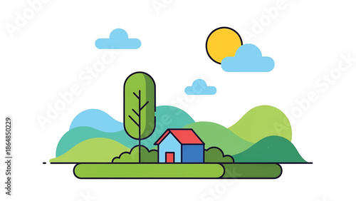 A vibrant, minimalist illustration depicting a small blue house with a red roof, a tall tree, rolling hills, the sun, and clouds