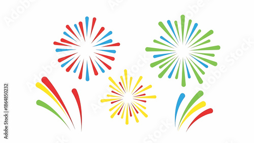 A vibrant illustration showcasing celebratory elements. Features stylized fireworks and colorful bursts, evoking a sense of festivity. The design uses radial and linear forms