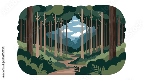 Calm forest vector landscape wallpaper with tall trees, winding path, layered foliage, and open sky, flat illustration ideal for nature wallpapers, meditation backgrounds, and screens