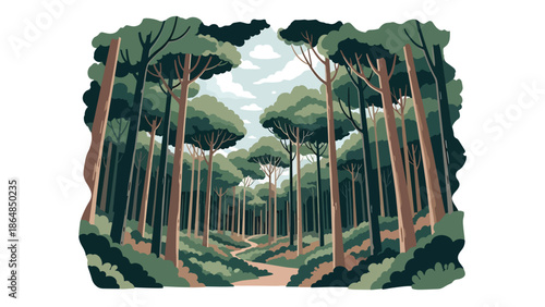 Calm forest vector landscape wallpaper with tall trees, winding path, layered foliage, and open sky, flat illustration ideal for nature wallpapers, meditation backgrounds, and screens