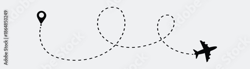 Air plane flight route with start and end point and dash line trace. Air plane flight route with line trace vector illustration. Dashed route travel concept.