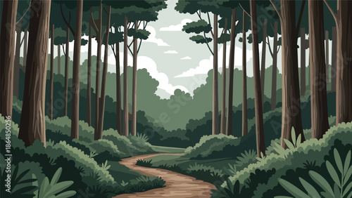 Calm forest vector landscape wallpaper with tall trees, winding path, layered foliage, and open sky, flat illustration ideal for nature wallpapers, meditation backgrounds, and screens