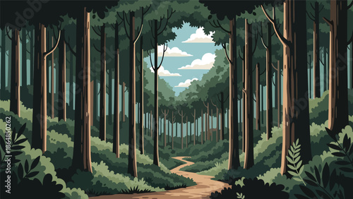 Calm forest vector landscape wallpaper with tall trees, winding path, layered foliage, and open sky, flat illustration ideal for nature wallpapers, meditation backgrounds, and screens