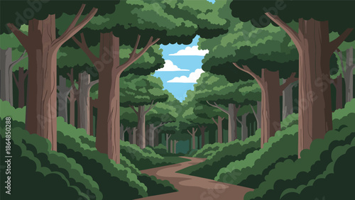 Calm forest vector landscape wallpaper with tall trees, winding path, layered foliage, and open sky, flat illustration ideal for nature wallpapers, meditation backgrounds, and screens