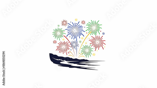 A vibrant illustration showcasing fireworks bursting above a stylized landscape. The fireworks explode in various colors creating a celebratory display