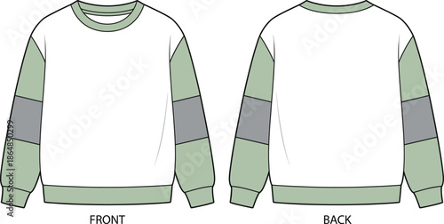 Front back sweatshirt technical drawing flat sketch apparel design long sleeve crewneck mockup fashion template vector illustration manufacturing pattern ribbed cuffs hem seam details