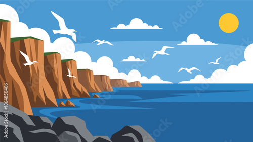 Dramatic coastal cliffs vector landscape wallpaper overlooking ocean and rocky shore, wide flat illustration perfect for travel wallpapers, seaside backgrounds, and modern nature designs