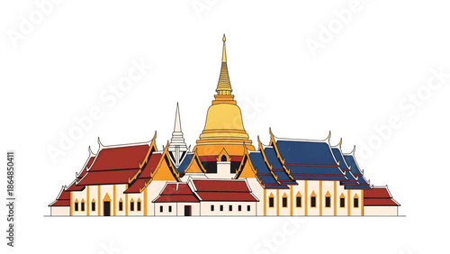 A vibrant illustration depicts a golden pagoda and ornate architecture with colorful roofs and detailed patterns set against a white background