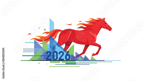 A vibrant illustration depicts a galloping horse in red, with flowing mane and tail. Geometric shapes and the year 2026 are included